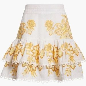 FARM Rio White and Yellow Floral Tiered Midi Skirt